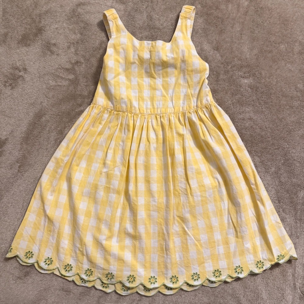 Gymboree Girls Yellow Gingham Cotton Dress Scalloped Eyelet Floral Back Bow